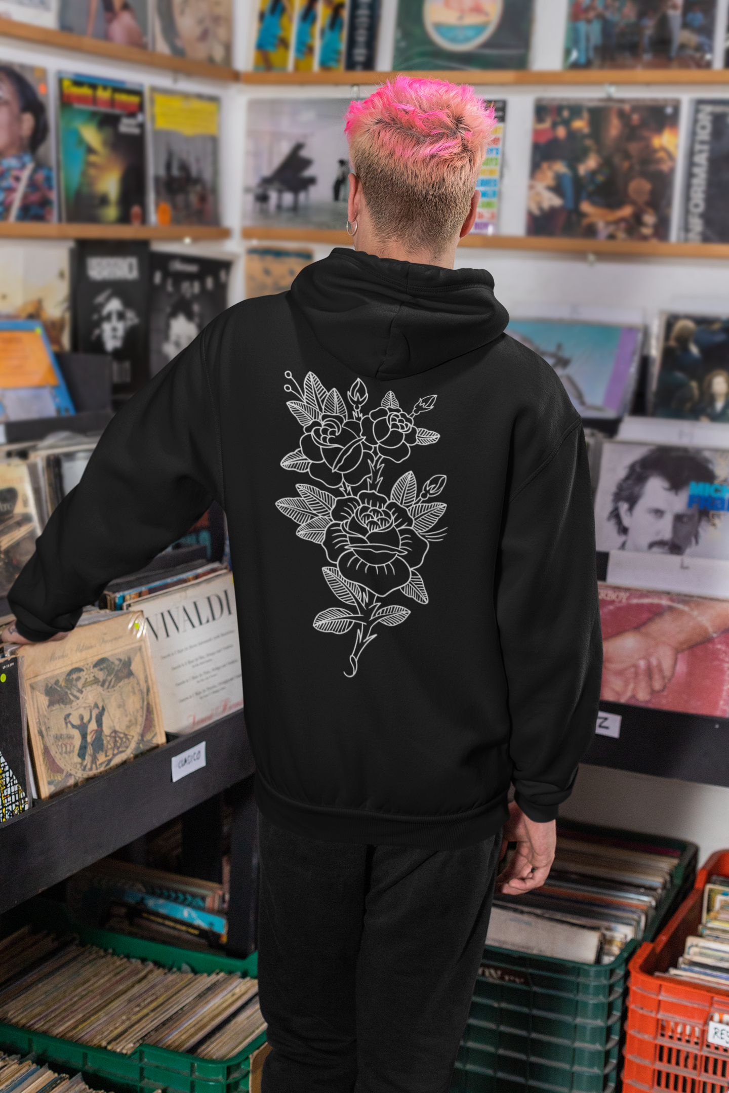 Black Flash Front & Rose Back Print Unisex Pullover Hoodie