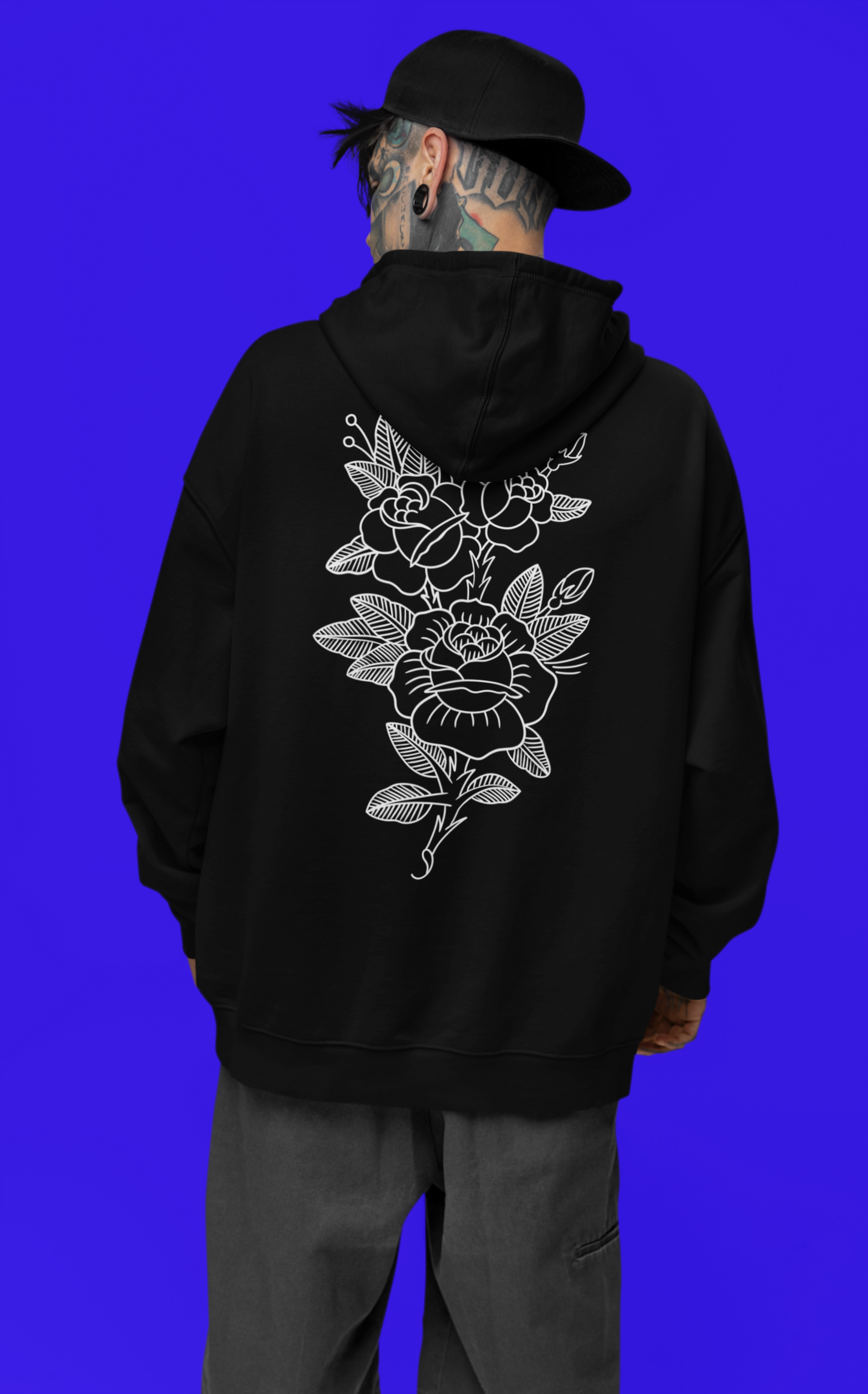 Black Flash Front & Rose Back Print Unisex Pullover Hoodie