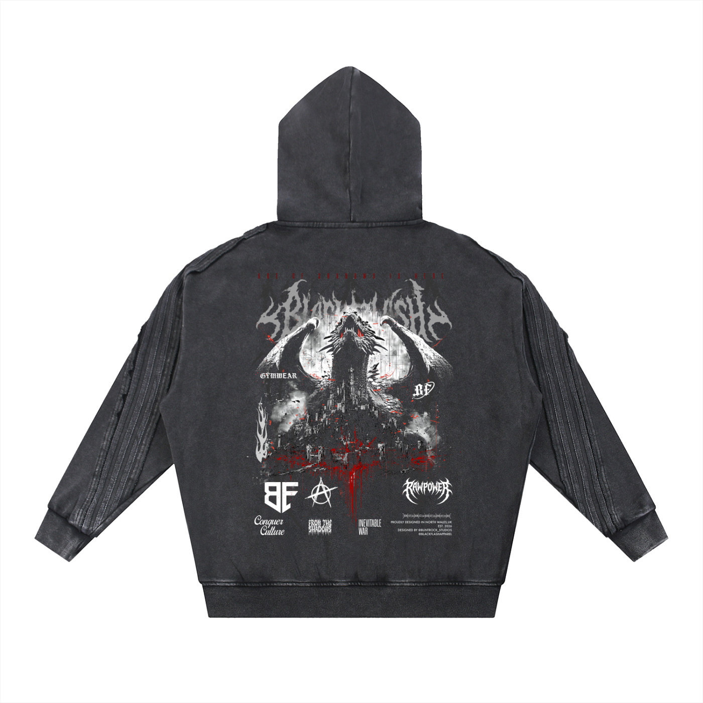 ‘DRAGON LORD’ Snow Washed Tape Raw Edge Zip Hood