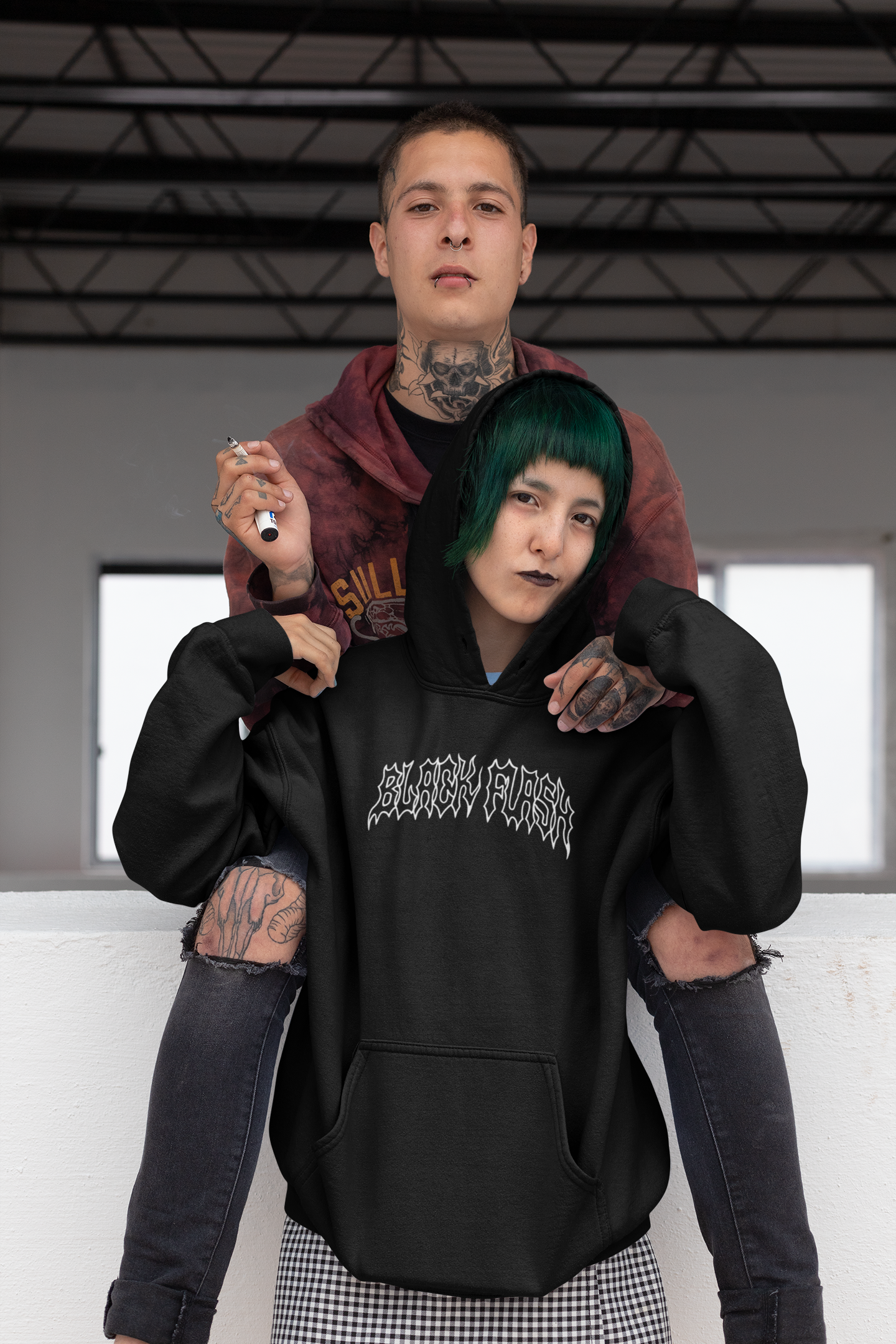 Black Flash Front & Rose Back Print Unisex Pullover Hoodie