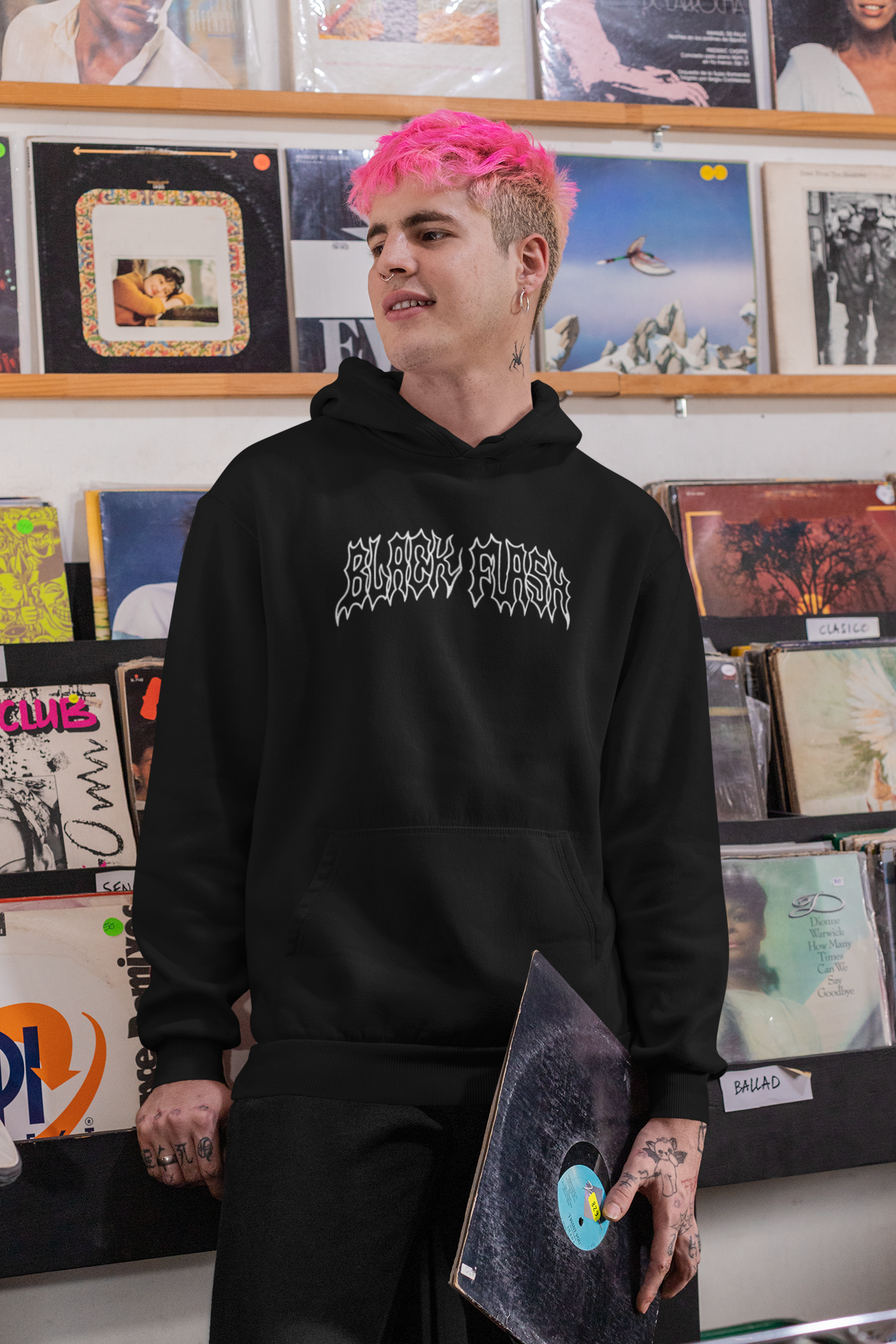 Black Flash Front & Rose Back Print Unisex Pullover Hoodie