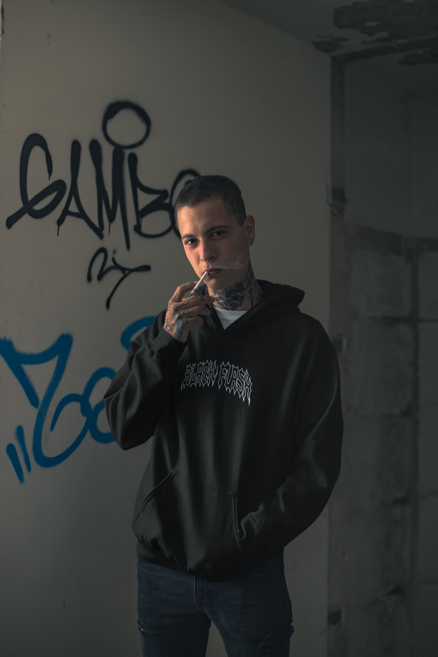 Black Flash Front & Rose Back Print Unisex Pullover Hoodie