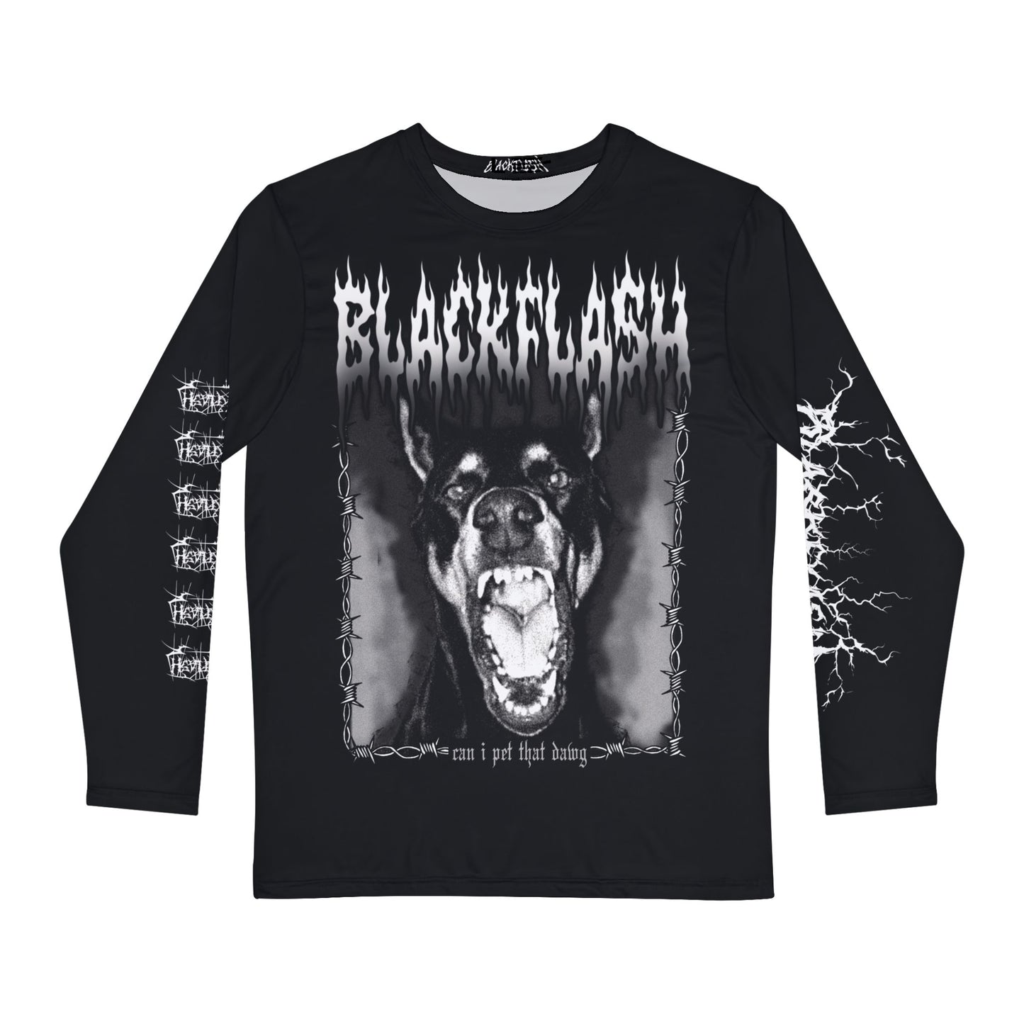 Can I Pet That Dawg Black Long Sleeve Shirt Large Front Graphic with Gothic Sleeve Script