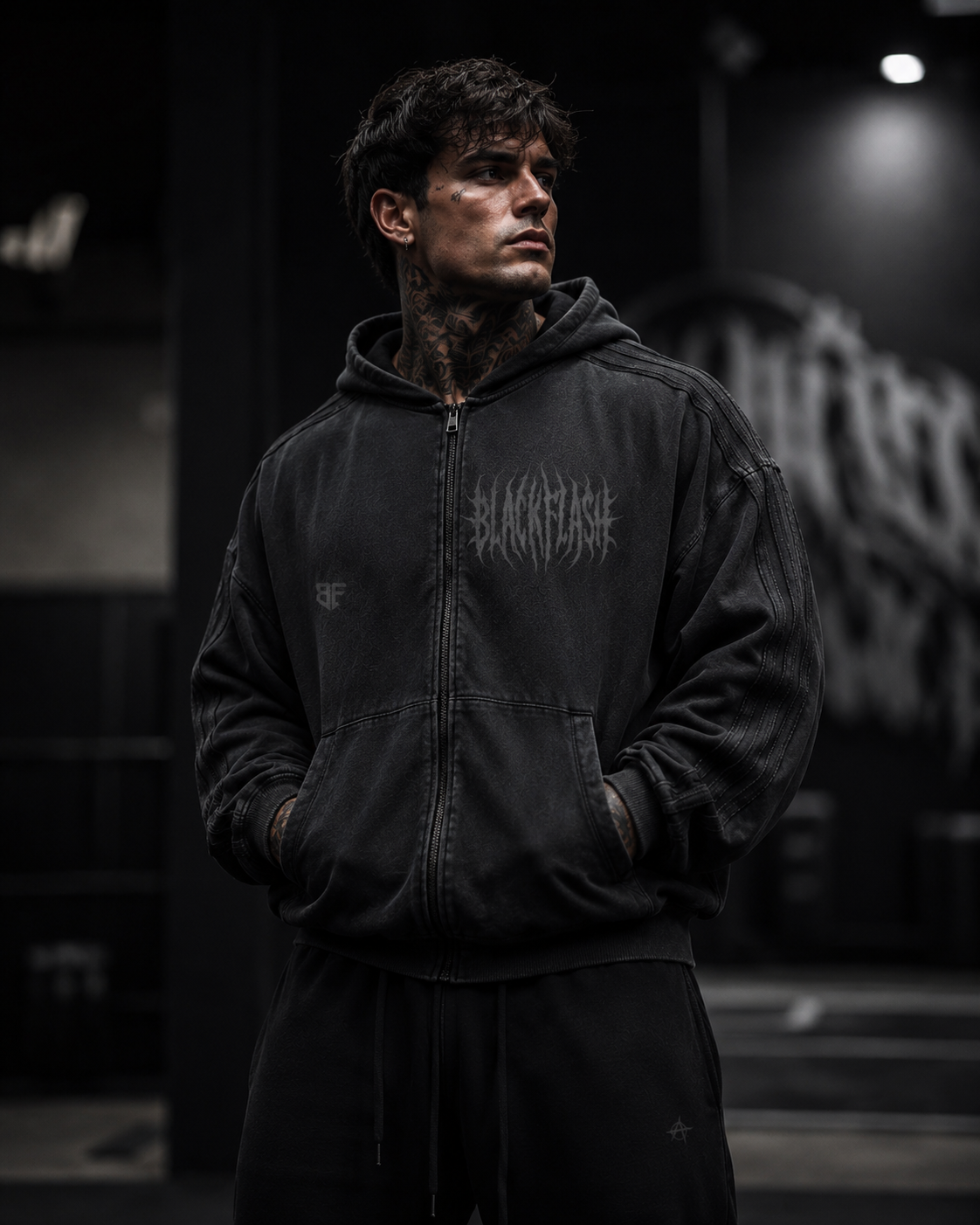 New ‘NO QUIT’ Snow Washed Tape Raw Edge Zip Hood
