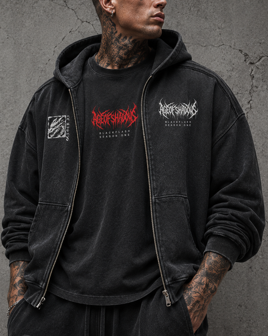 ‘DRAGON LORD’ Snow Washed Tape Raw Edge Zip Hood
