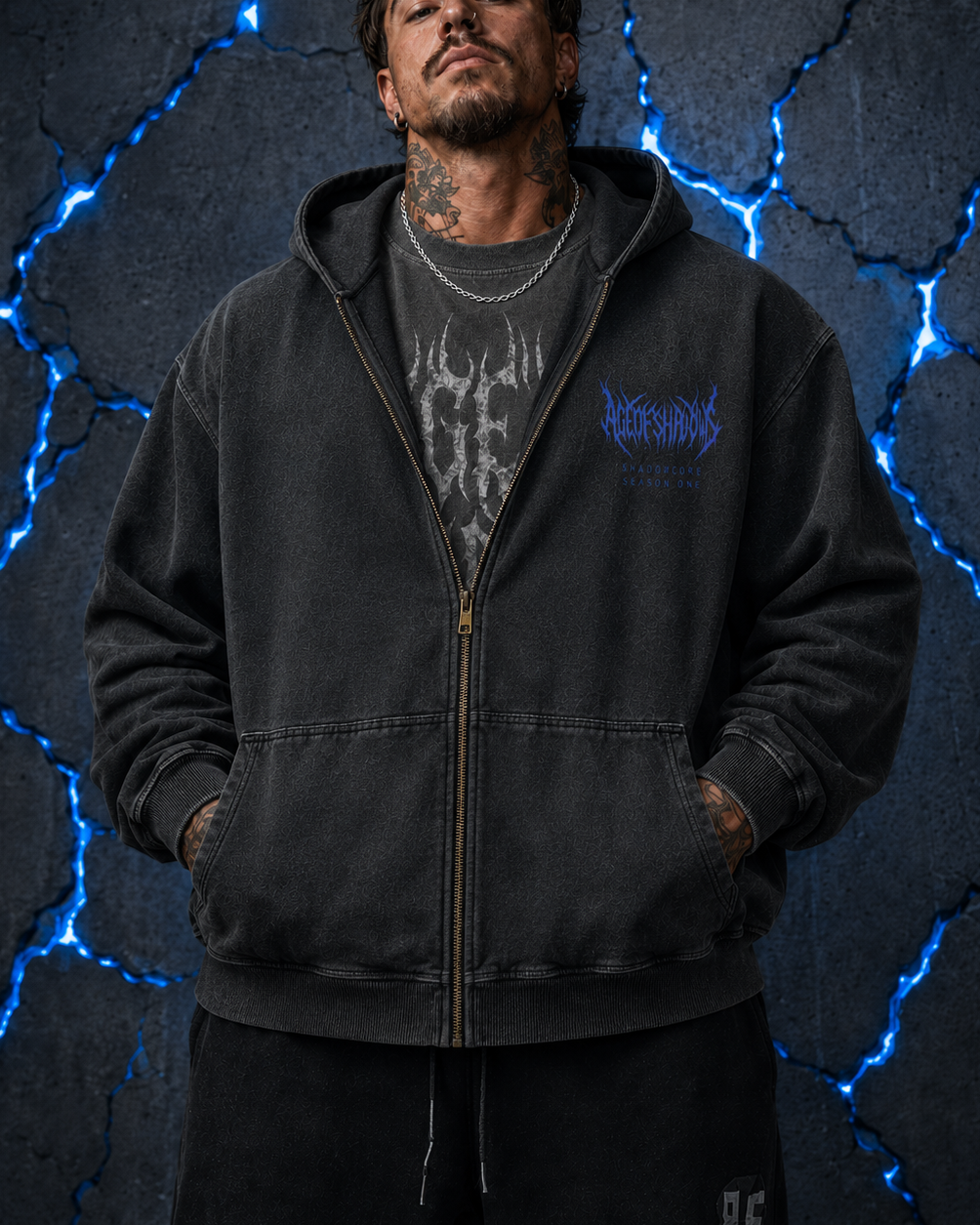 ‘INFERNO TITAN’ Electric Blue | Snow Wash Oversized Zip-Up