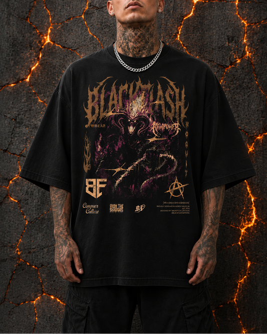 ‘INFERNO TITAN’ Distressed Flame Orange Front Print Extra Oversized Drop Shoulder T-Shirt