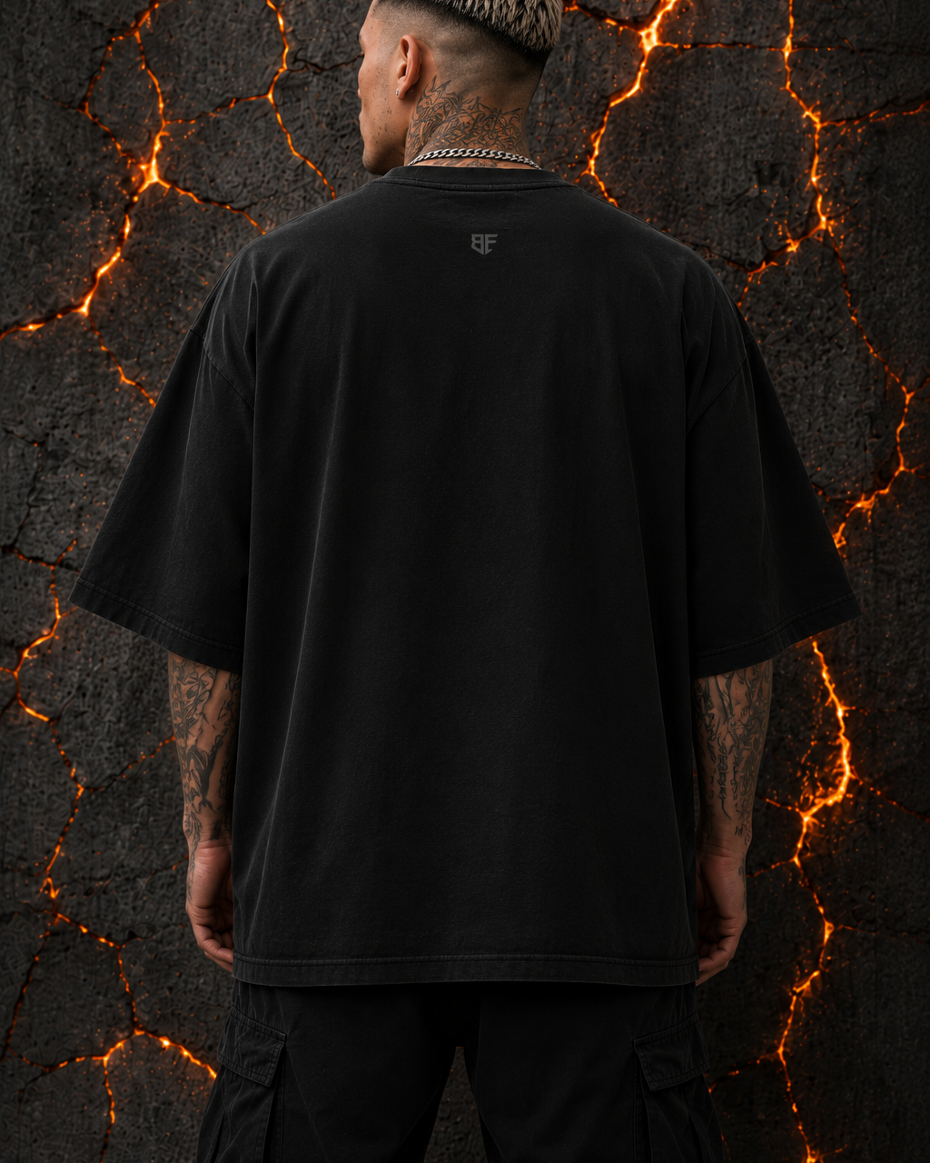 ‘INFERNO TITAN’ Distressed Flame Orange Front Print Extra Oversized Drop Shoulder T-Shirt