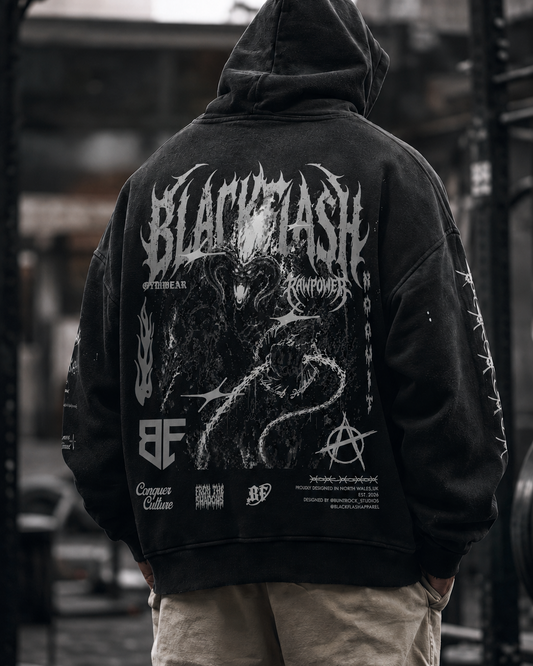 ‘INFERNO TITAN’ Vintage Washed Frayed Fleece Hoodie