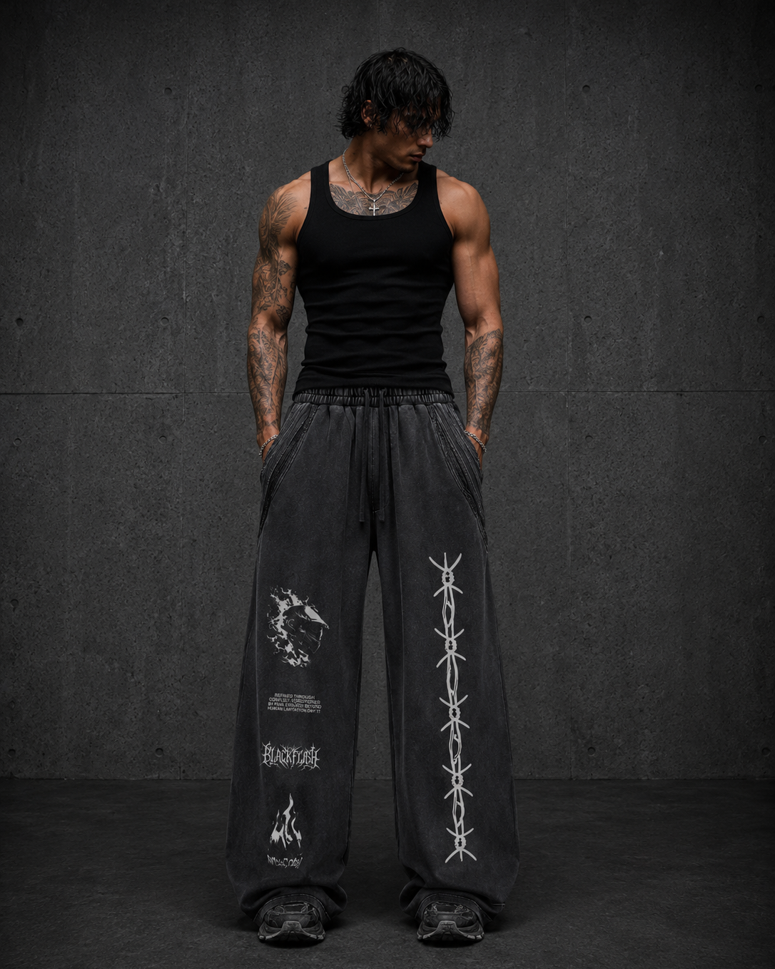 ‘BLOODLINE’ Snow Washed Tape Raw Edge Sweatpants