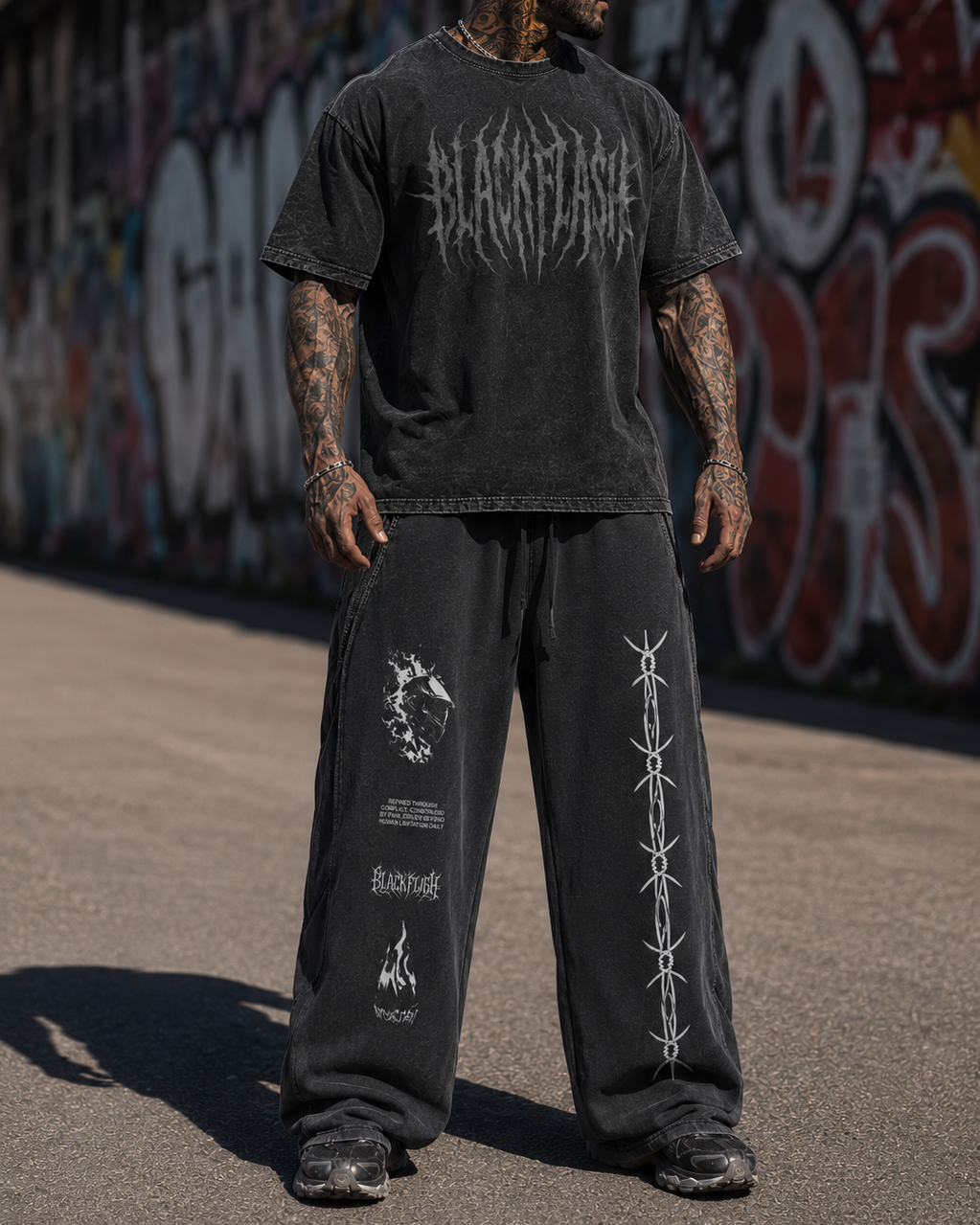 ‘BLOODLINE’ Snow Washed Tape Raw Edge Sweatpants