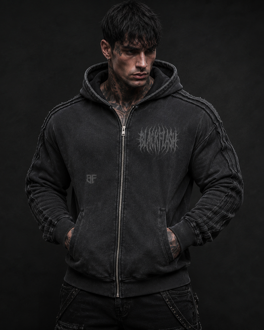 New ‘NO QUIT’ Snow Washed Tape Raw Edge Zip Hood