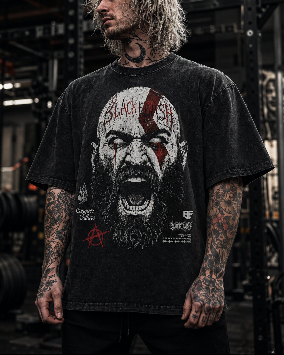 ‘GHOST OF WAR’ Front Print Snow Washed Oversized Cotton T-Shirt
