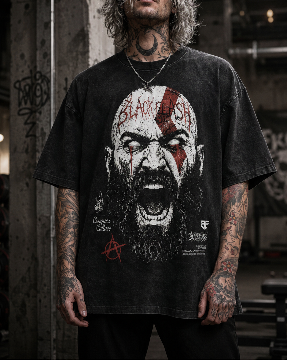 ‘GHOST OF WAR’ Front Print Snow Washed Oversized Cotton T-Shirt