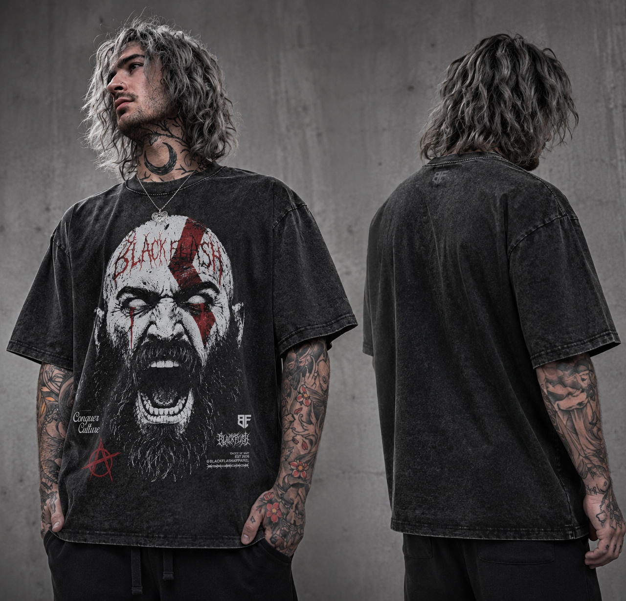 ‘GHOST OF WAR’ Front Print Snow Washed Oversized Cotton T-Shirt