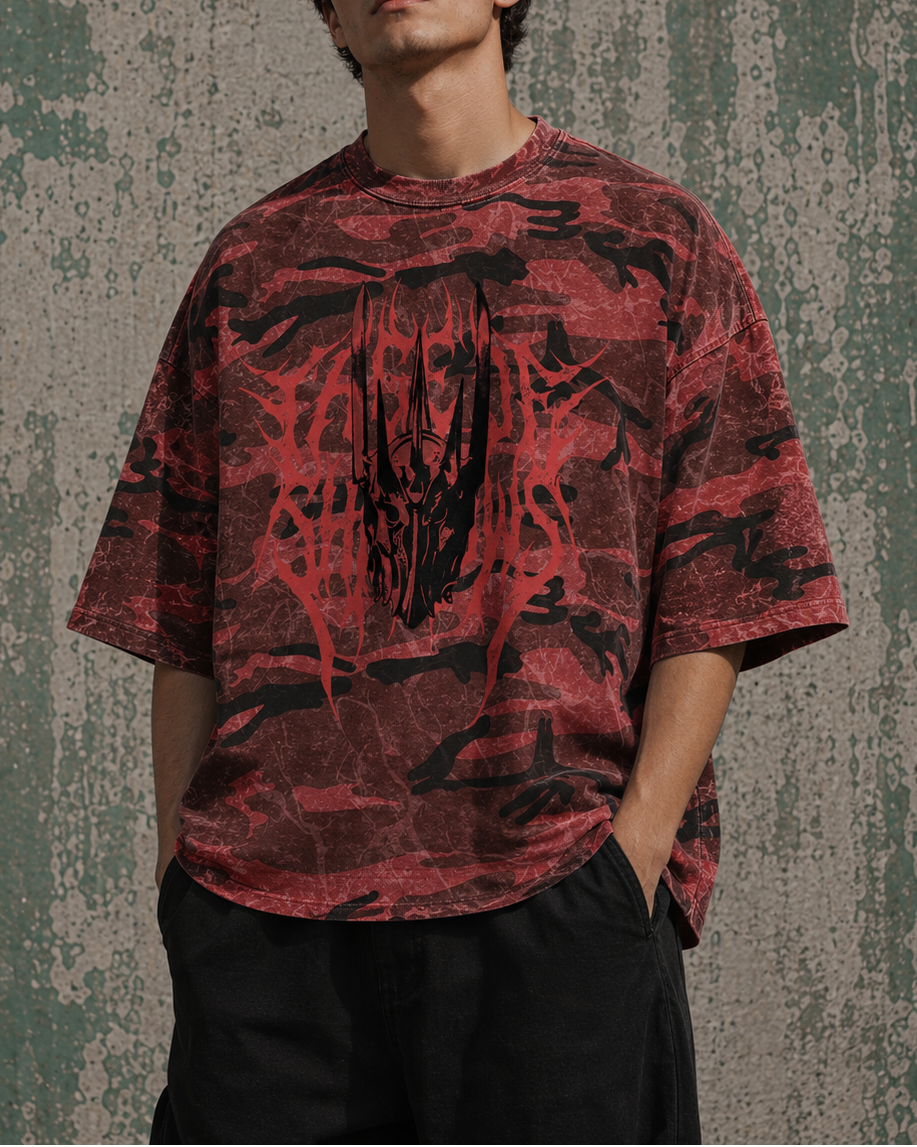 ‘THE KING’ Boxy Red Camo Print T-Shirt