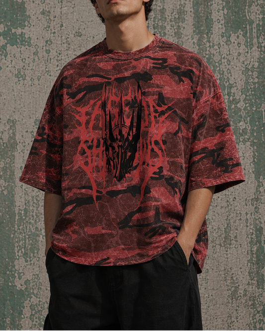 ‘THE KING’ Boxy Red Camo Print T-Shirt (*Please Size Up)