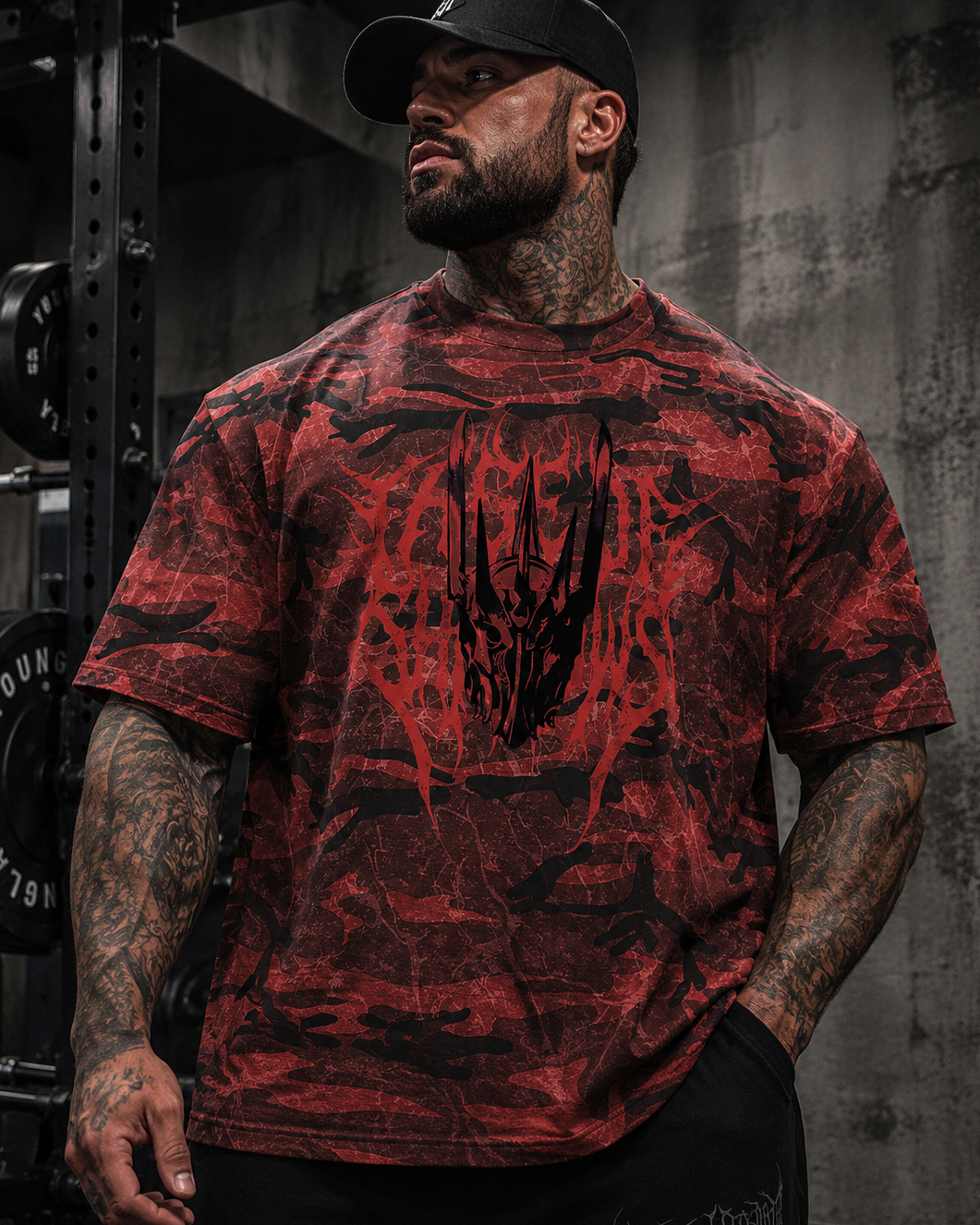 ‘THE KING’ Boxy Red Camo Print T-Shirt
