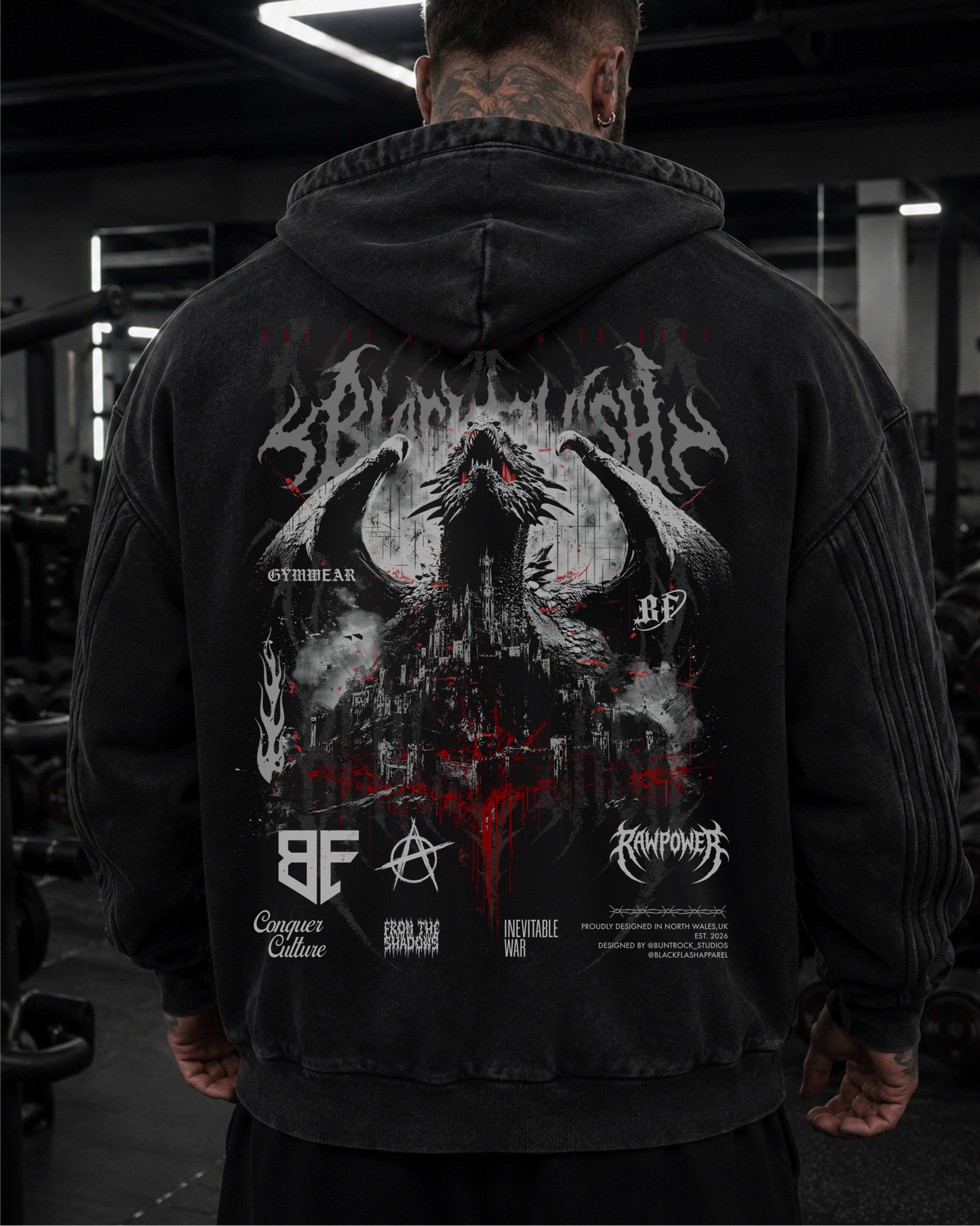 ‘DRAGON LORD’ Snow Washed Tape Raw Edge Zip Hood