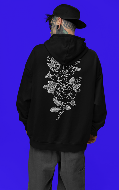 Black Flash Front & Rose Back Print Unisex Pullover Hoodie