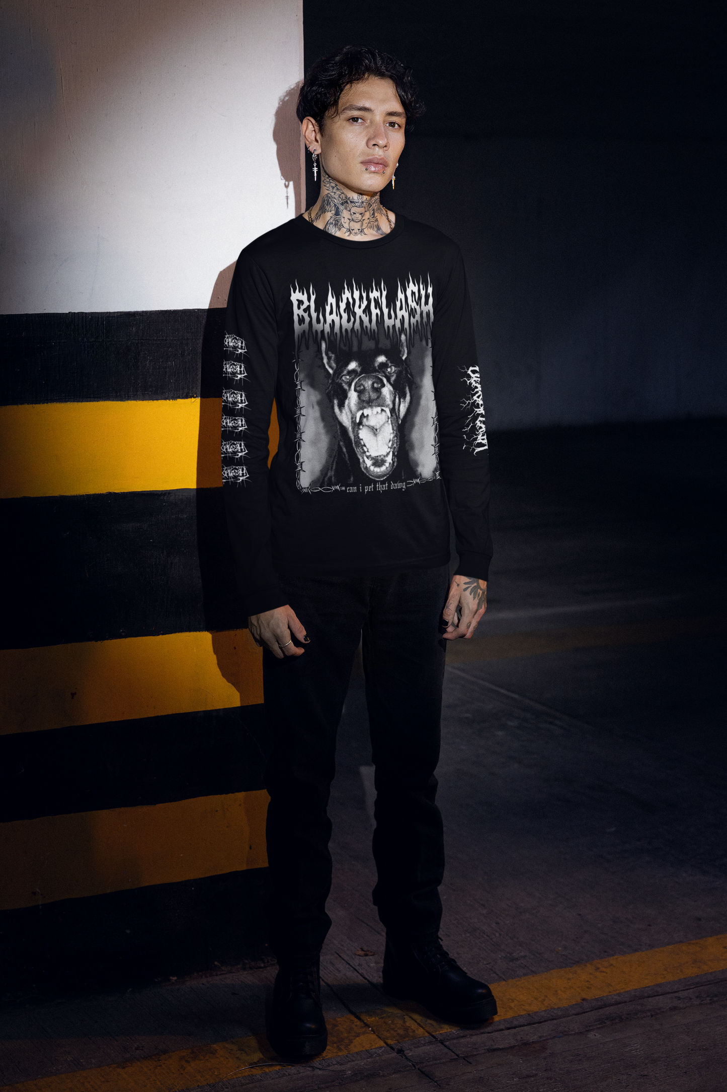 Can I Pet That Dawg Black Long Sleeve Shirt Large Front Graphic with Gothic Sleeve Script