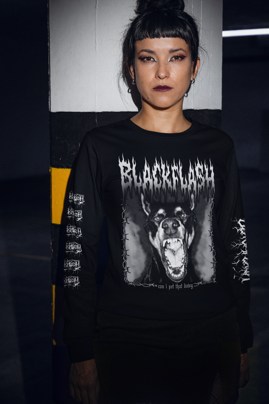 Can I Pet That Dawg Black Long Sleeve Shirt Large Front Graphic with Gothic Sleeve Script