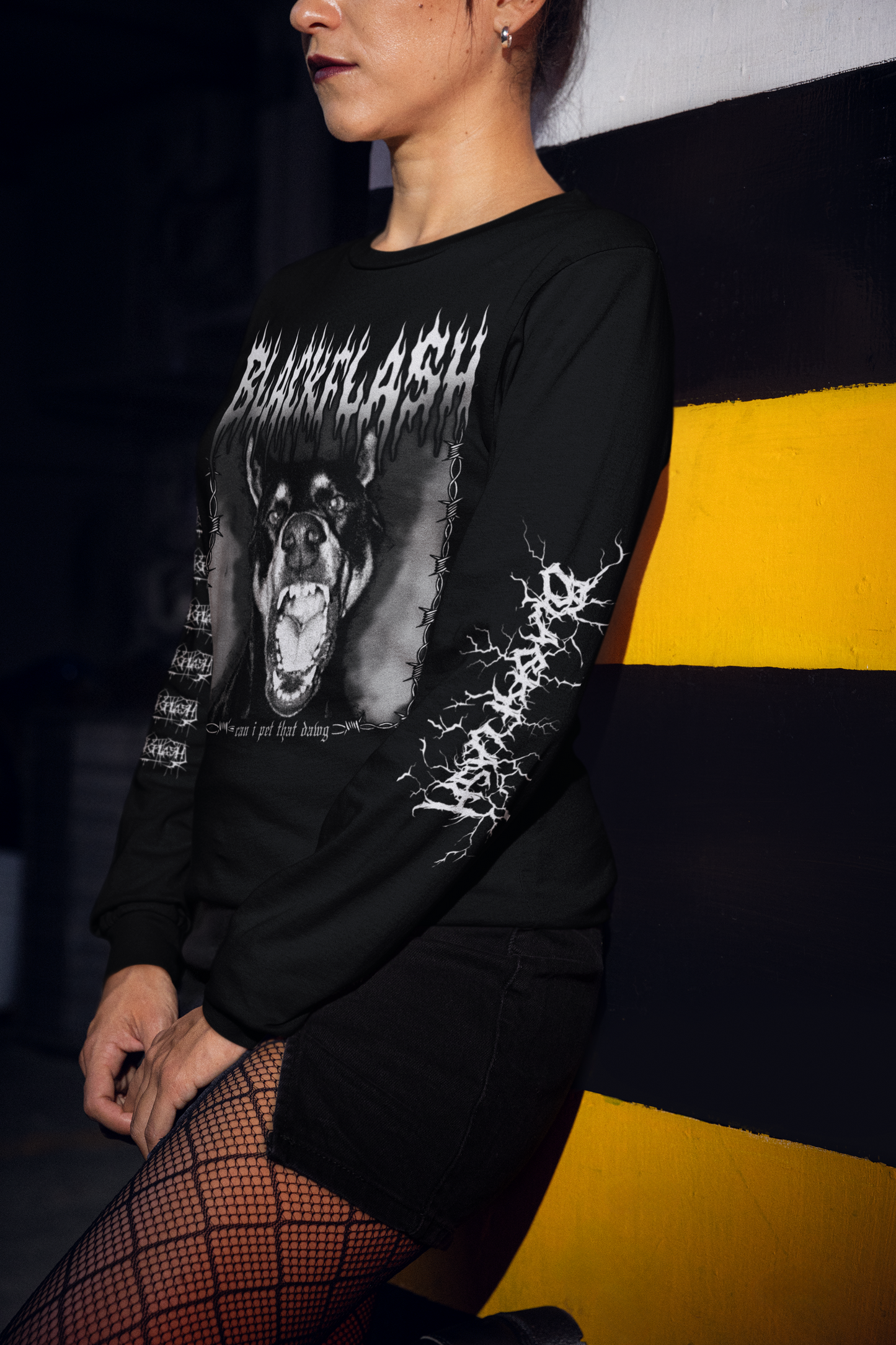 Can I Pet That Dawg Black Long Sleeve Shirt Large Front Graphic with Gothic Sleeve Script