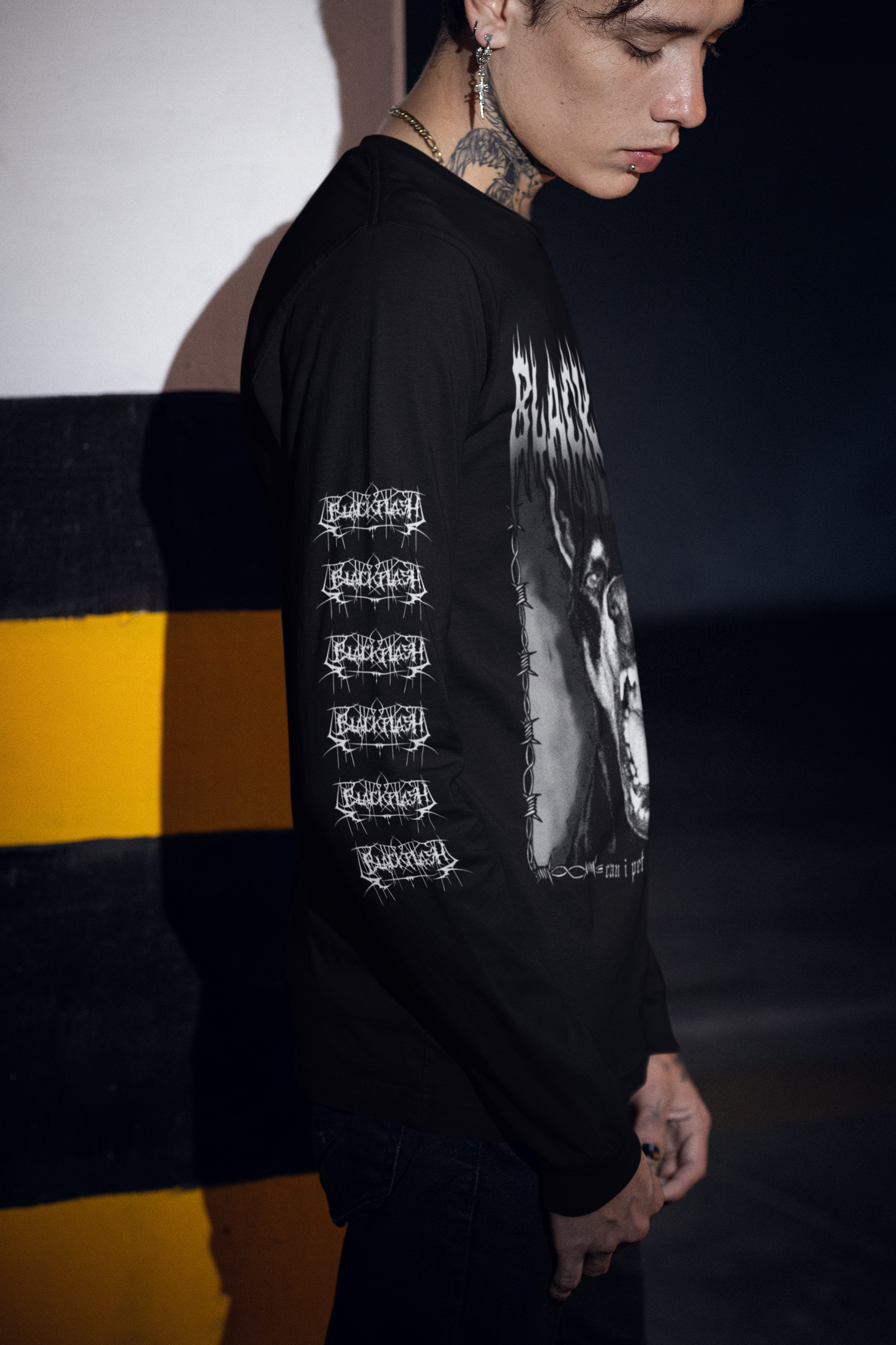 Can I Pet That Dawg Black Long Sleeve Shirt Large Front Graphic with Gothic Sleeve Script