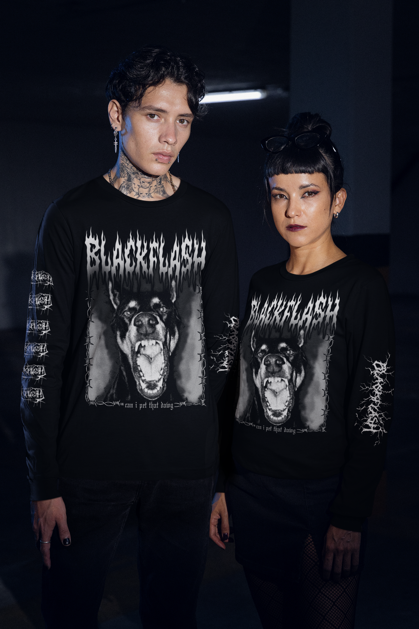 Can I Pet That Dawg Black Long Sleeve Shirt Large Front Graphic with Gothic Sleeve Script