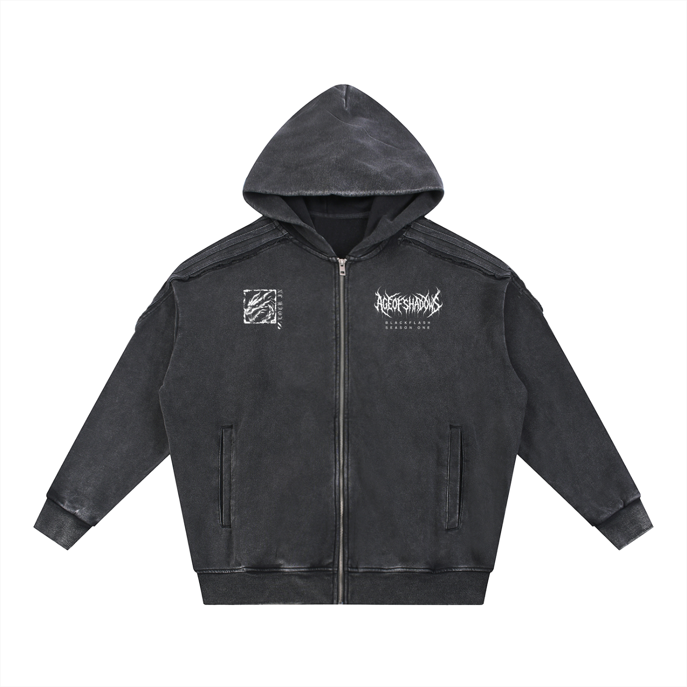 ‘DRAGON LORD’ Snow Washed Tape Raw Edge Zip Hood