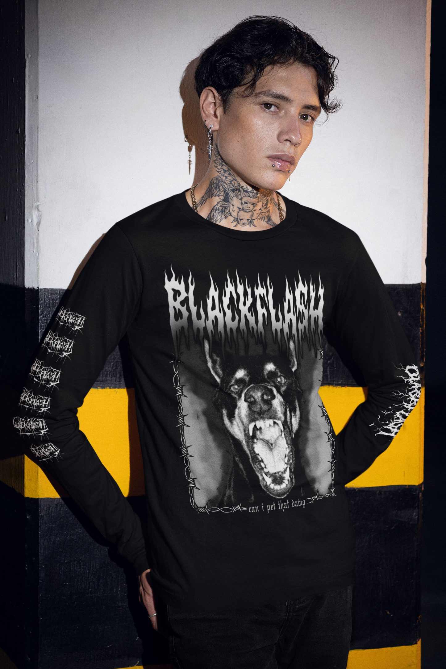 Can I Pet That Dawg Black Long Sleeve Shirt Large Front Graphic with Gothic Sleeve Script
